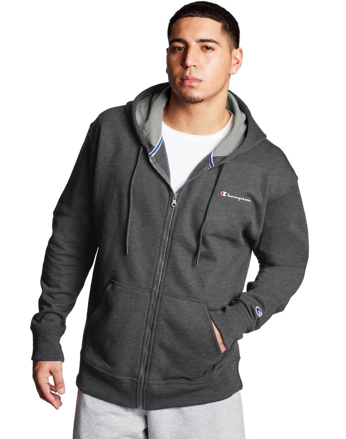 Champion Mens Hoodie NZ - Powerblend Fleece Full Zip Script Logo Dark Grey ( 2853-KYETJ )